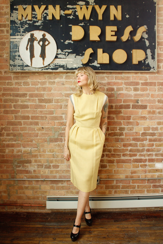 1960s Yellow Linen Teal Traina Dress - Small 