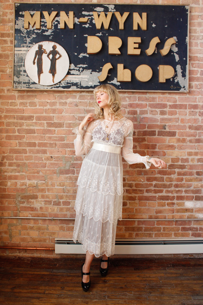 Edwardian Lace Tulle Tiered Sheer Wedding Dress - Small