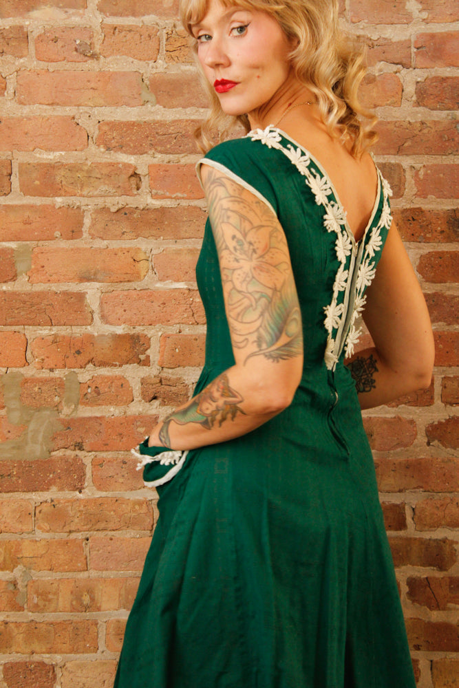 1950s Kelly Green Floral Appliqué Dress - Xsmall