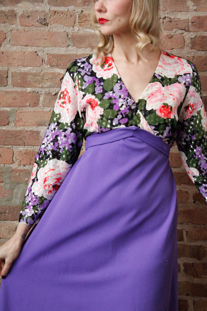 1960s Metallic Floral Maxi Gown - Large 