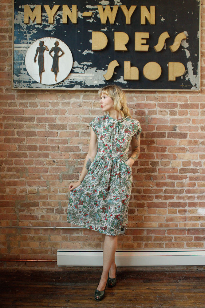 1940s Silk Feathers in the Trees Dress - Medium