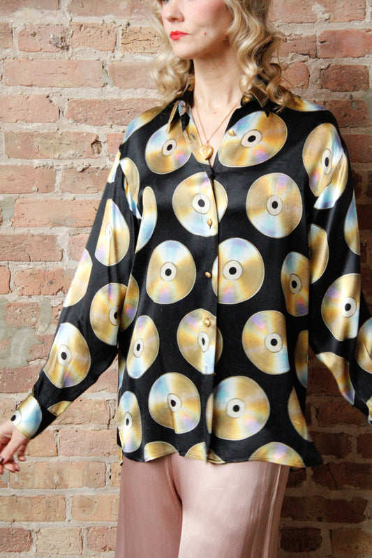 1990s Moschino CD Print Silk Blend Shirt - Large