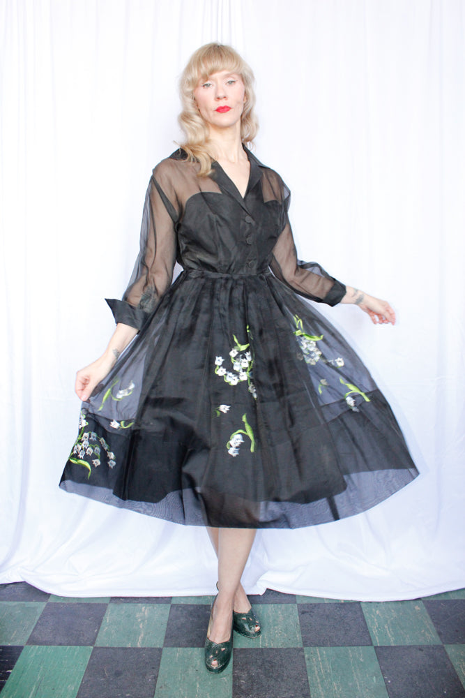 1950s Embroidered Floral Organza Party Dress - Medium