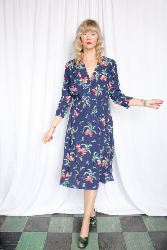 1940s Floral Cold Rayon Dress - Medium