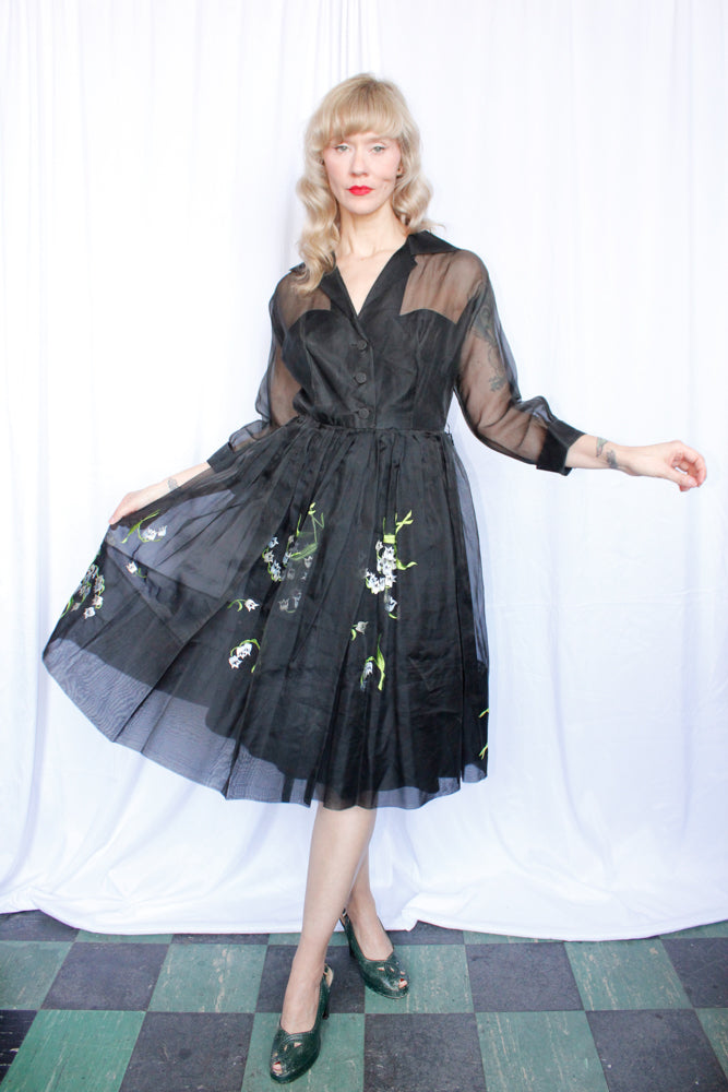 1950s Embroidered Floral Organza Party Dress - Medium