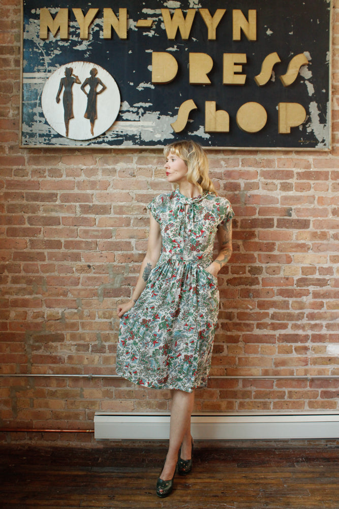 1940s Silk Feathers in the Trees Dress - Medium