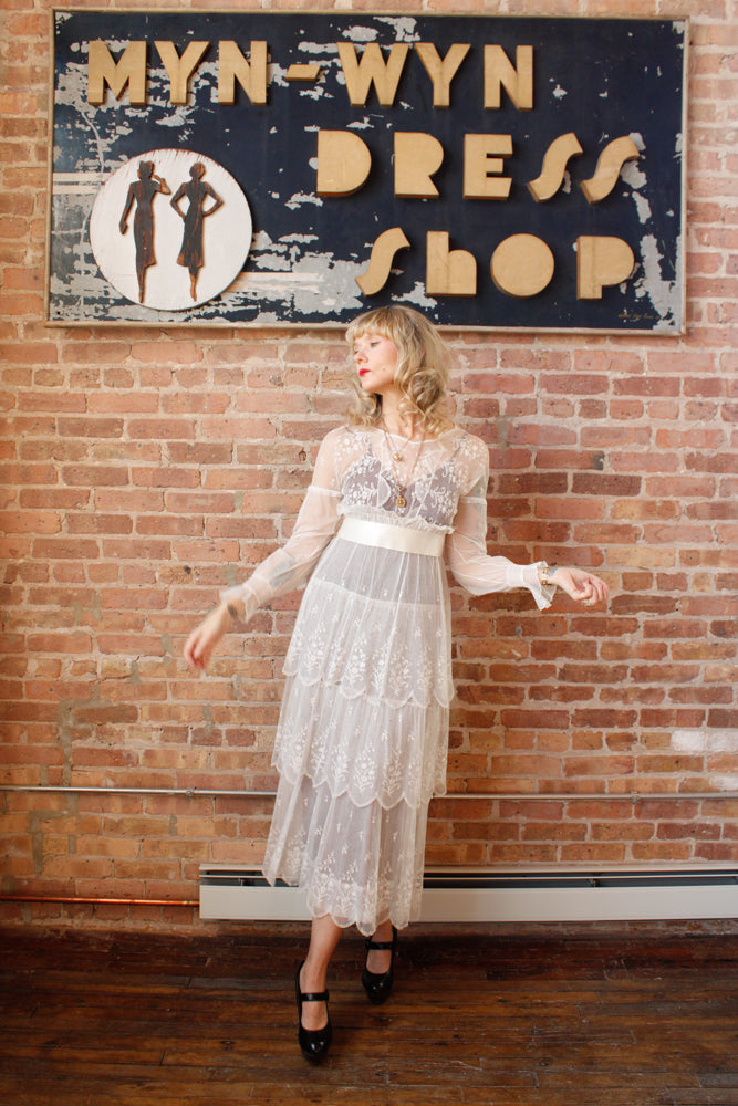 Edwardian Lace Tulle Tiered Sheer Wedding Dress - Small