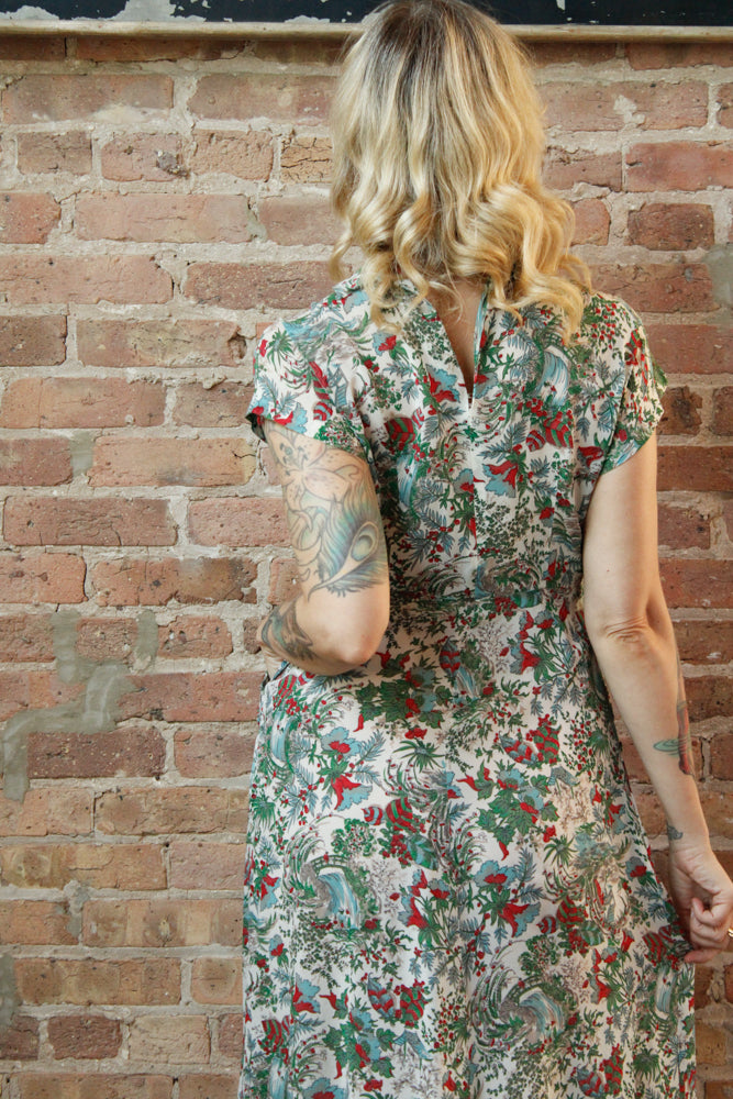 1940s Silk Feathers in the Trees Dress - Medium