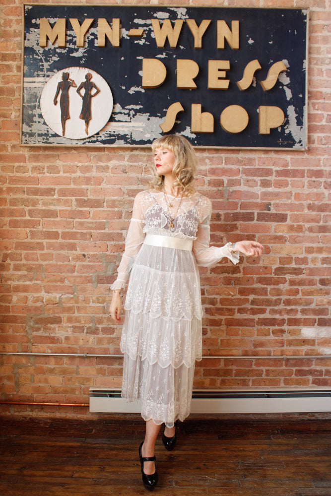 Edwardian Lace Tulle Tiered Sheer Wedding Dress - Small