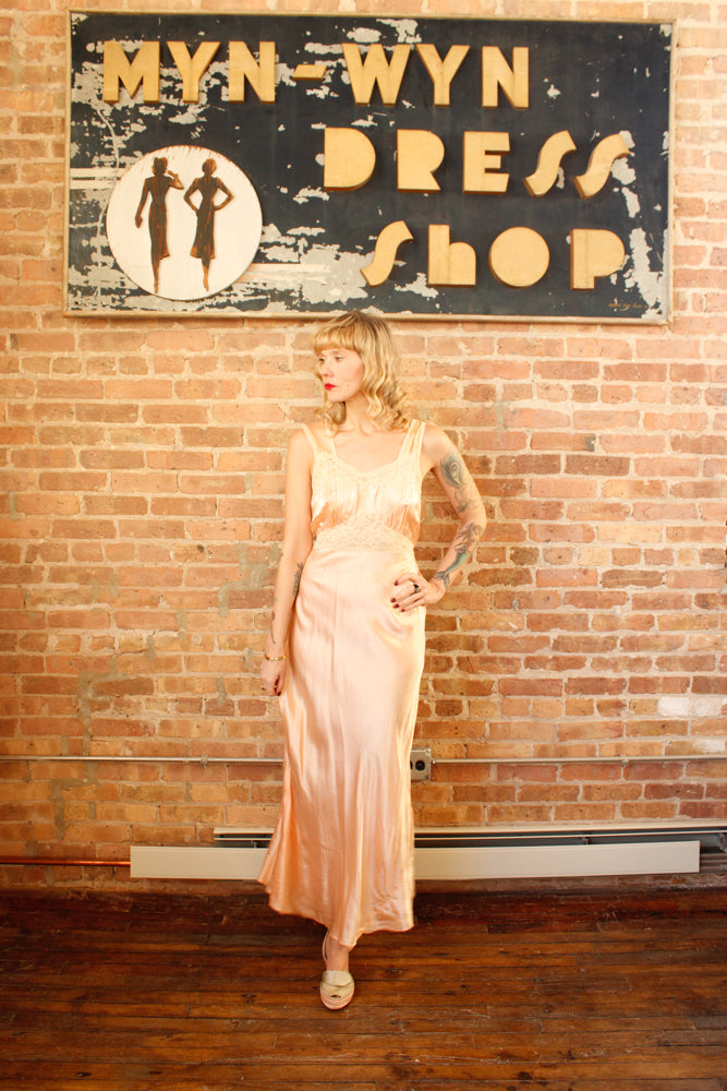 1940s Silk Satin & Lace Negligee Gown - M/L
