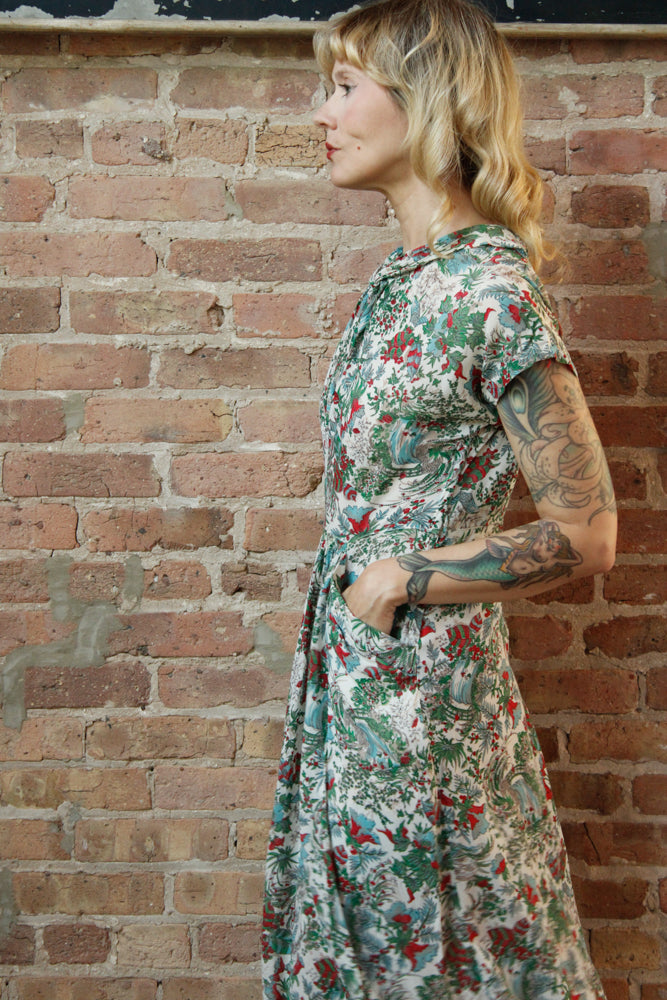 1940s Silk Feathers in the Trees Dress - Medium