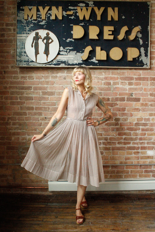 1950s Sheer Puckered Nylon Striped Dress - Medium
