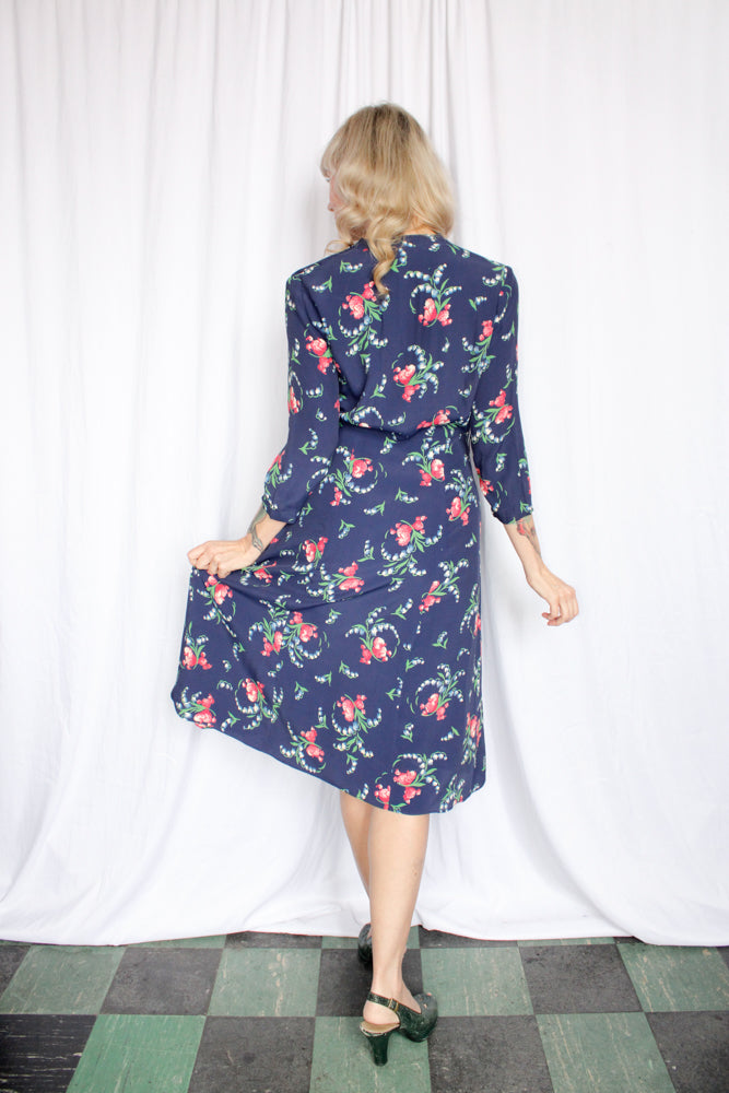 1940s Floral Cold Rayon Dress - Medium