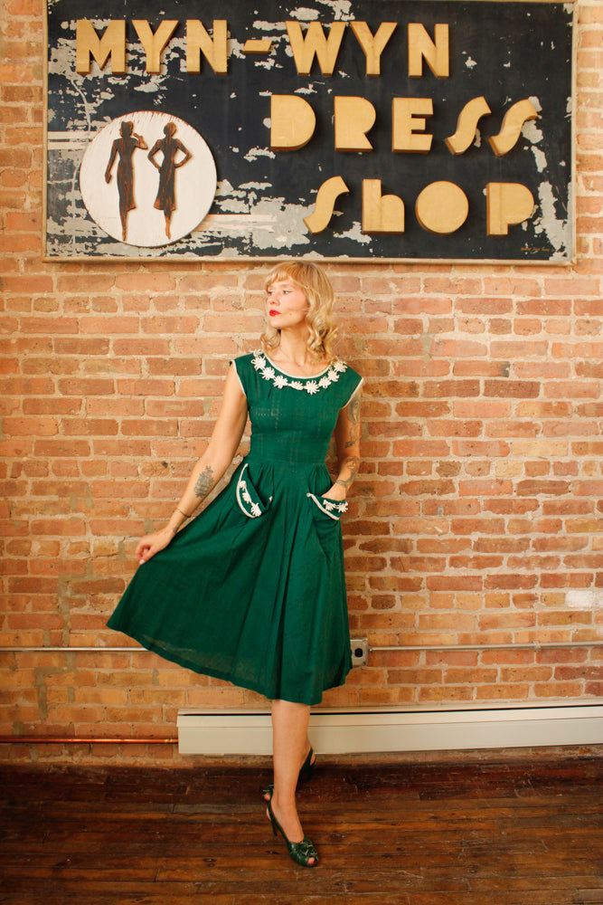 1950s Kelly Green Floral Appliqué Dress - Xsmall