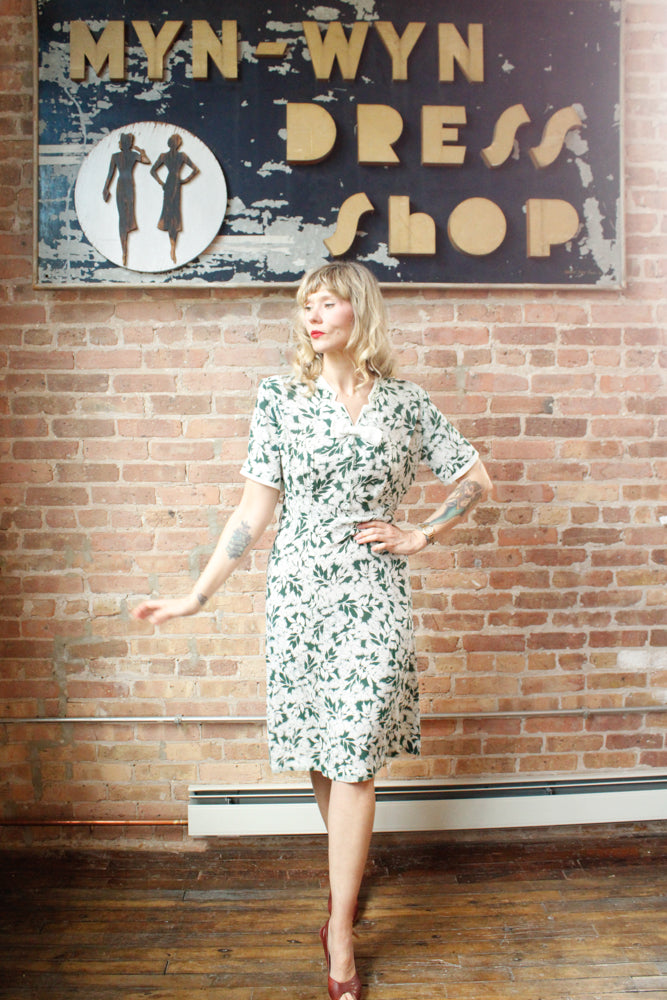 1930s Green & White Floral Silk Dress - M/L