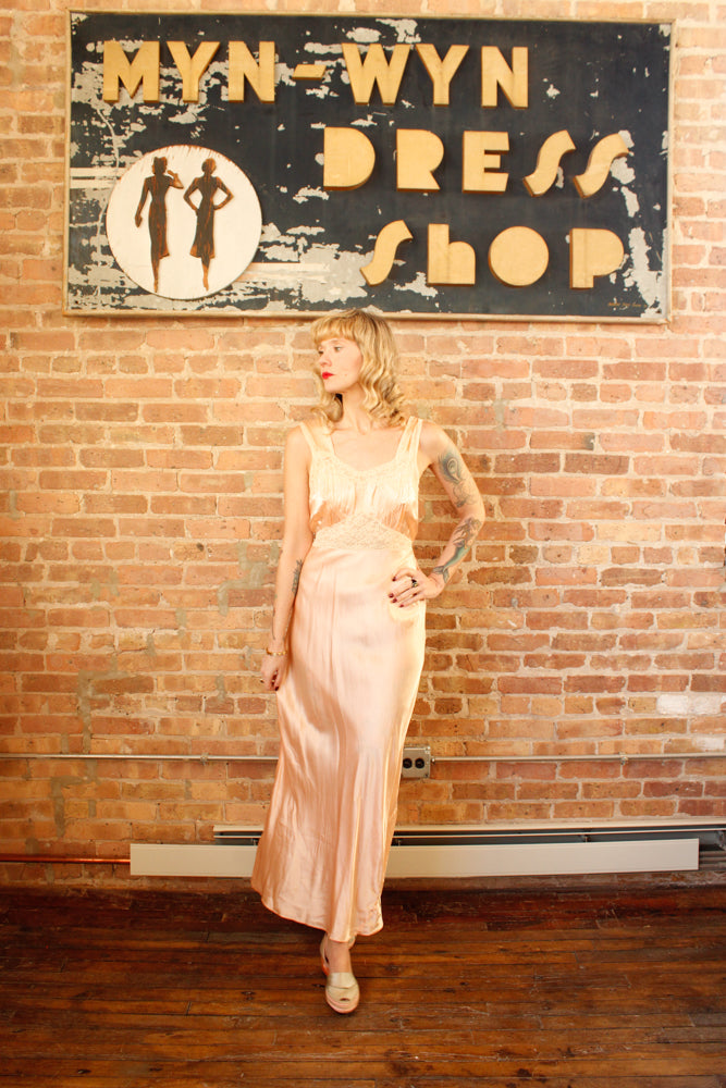 1940s Silk Satin & Lace Negligee Gown - M/L