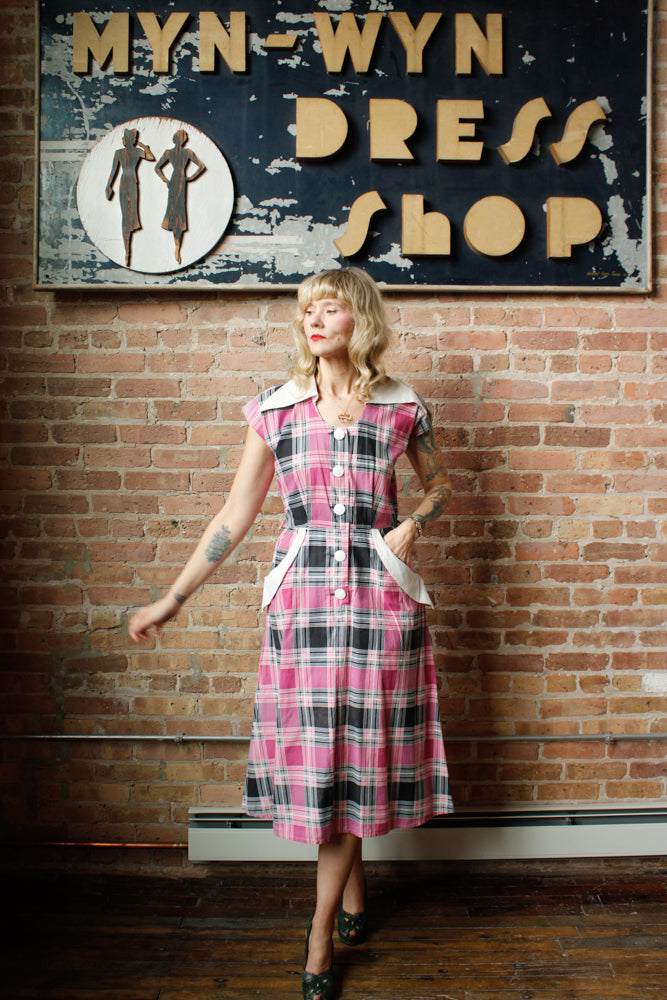 1950s April Plaid Cotton Dress - Med