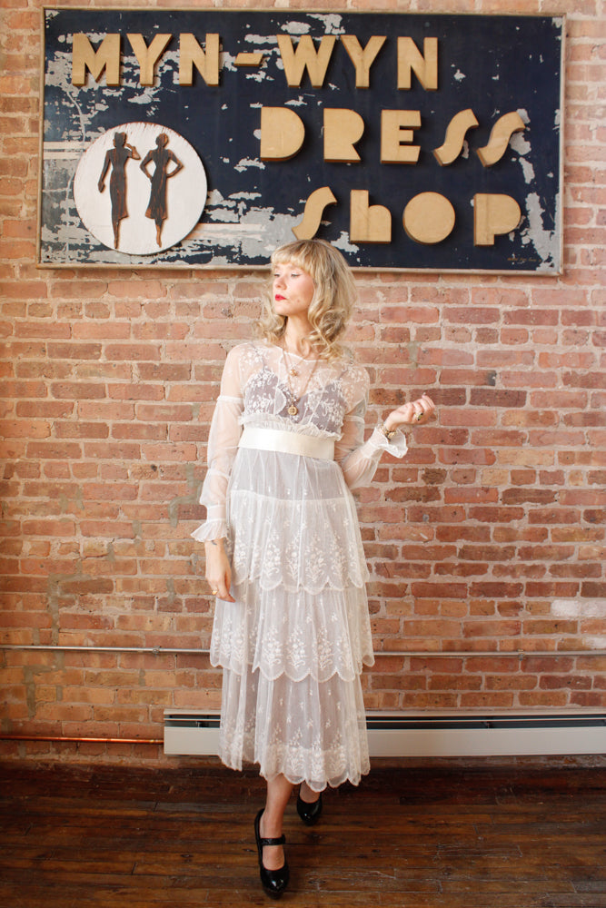 Edwardian Lace Tulle Tiered Sheer Wedding Dress - Small
