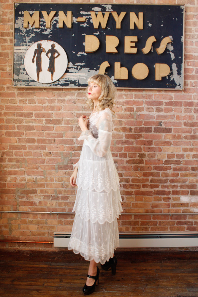 Edwardian Lace Tulle Tiered Sheer Wedding Dress - Small