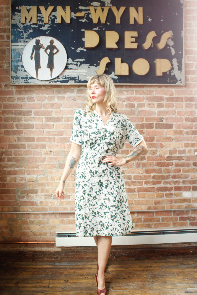 1930s Green & White Floral Silk Dress - M/L