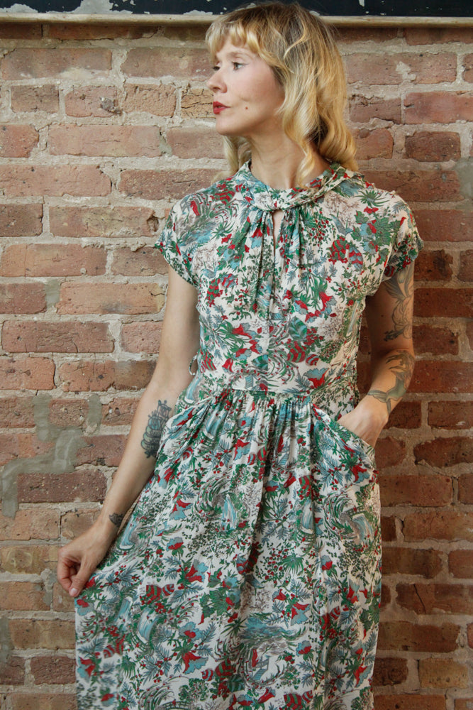 1940s Silk Feathers in the Trees Dress - Medium