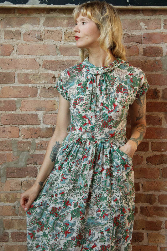 1940s Silk Feathers in the Trees Dress - Medium