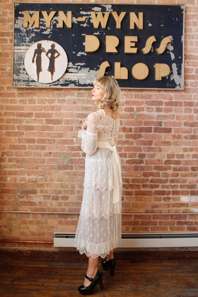 Edwardian Lace Tulle Tiered Sheer Wedding Dress - Small