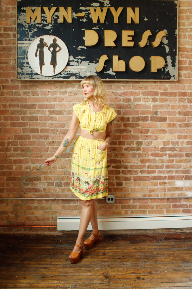 1940s Debby Lou Beach Scene Crop Top & Skirt Set - Xs/Small