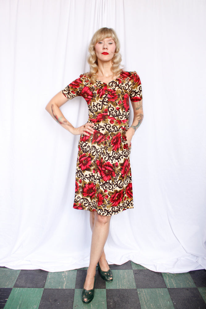 Late 1930s Rayon Jersey Poppy Dress - Small