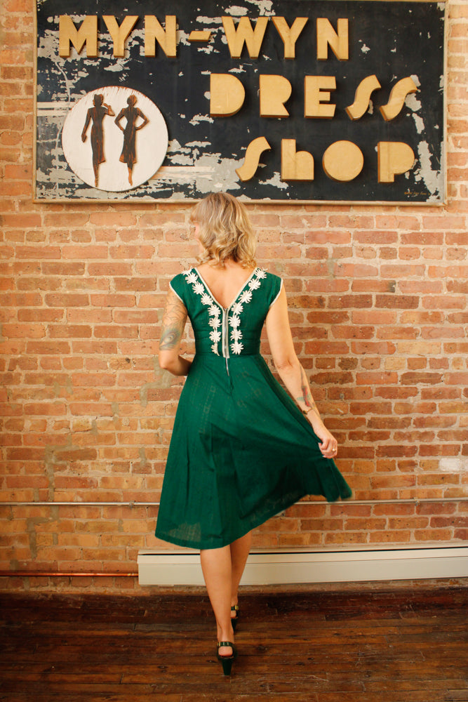 1950s Kelly Green Floral Appliqué Dress - Xsmall