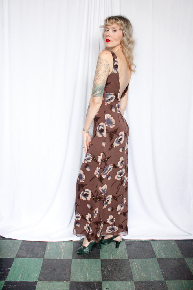 1990s Brown Silk Floral Beaded Low Back Gown - Small