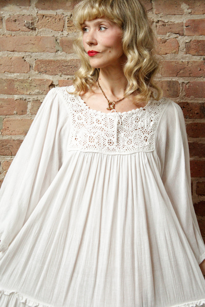 1980s Indian Gauze Cotton White Summer Dress - XLarge