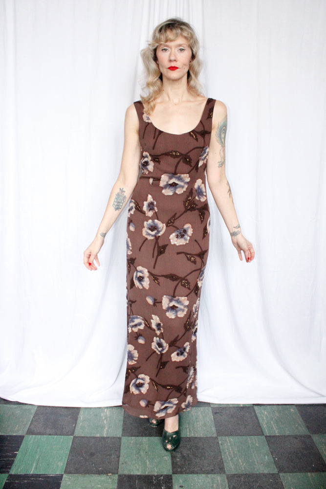 1990s Brown Silk Floral Beaded Low Back Gown - Small