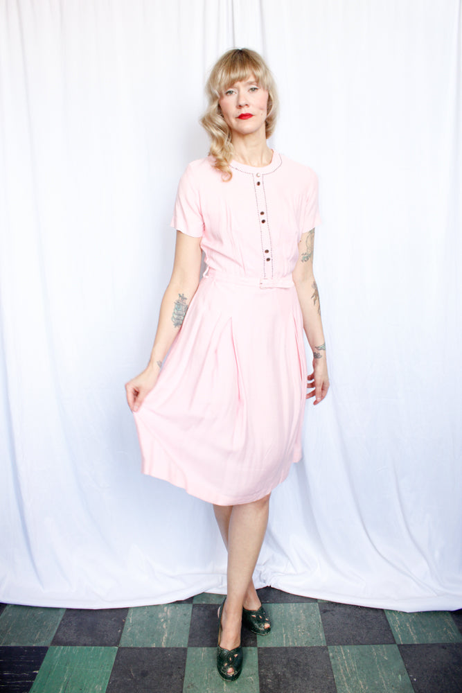 1950s Princess Pink Linen Dress - Medium 