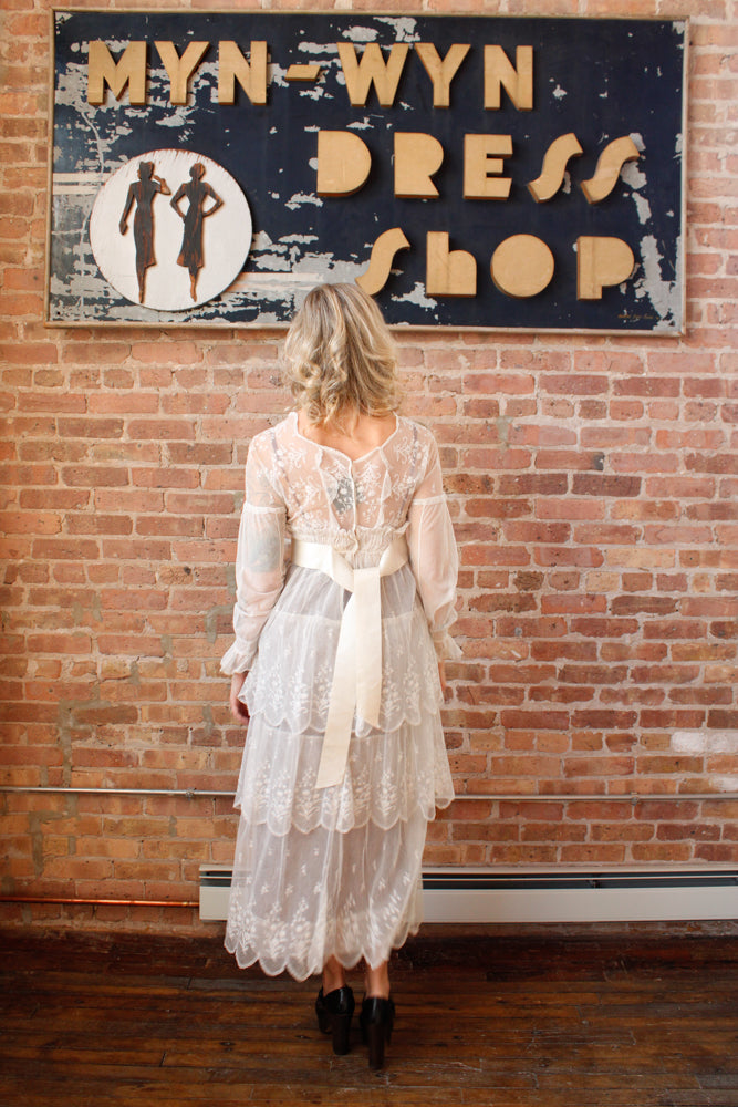 Edwardian Lace Tulle Tiered Sheer Wedding Dress - Small