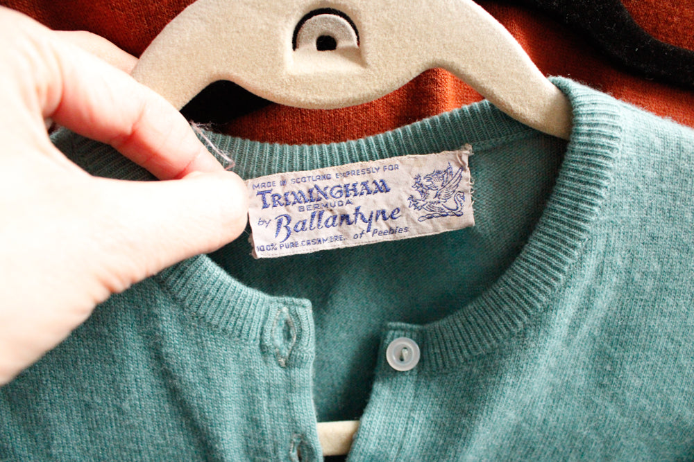 1950s Teal Ballantyne Cashmere Cardigan Sweater - Large