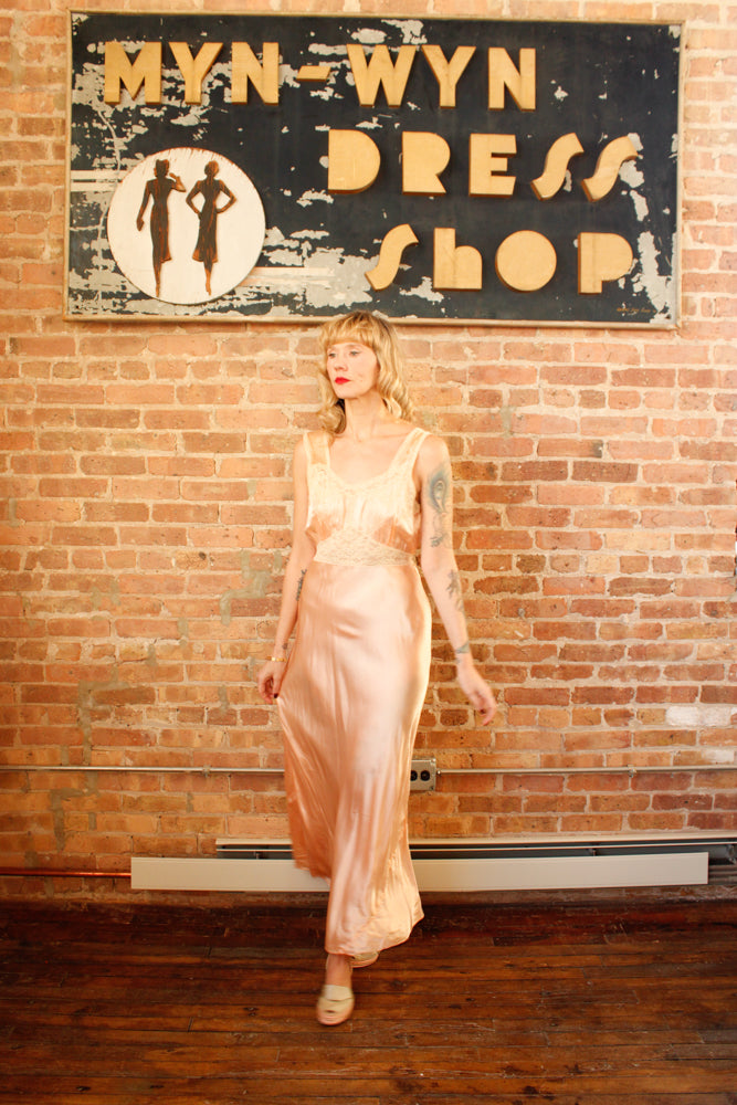 1940s Silk Satin & Lace Negligee Gown - M/L