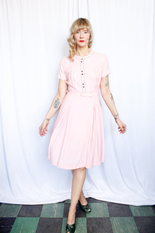 1950s Princess Pink Linen Dress - Medium 