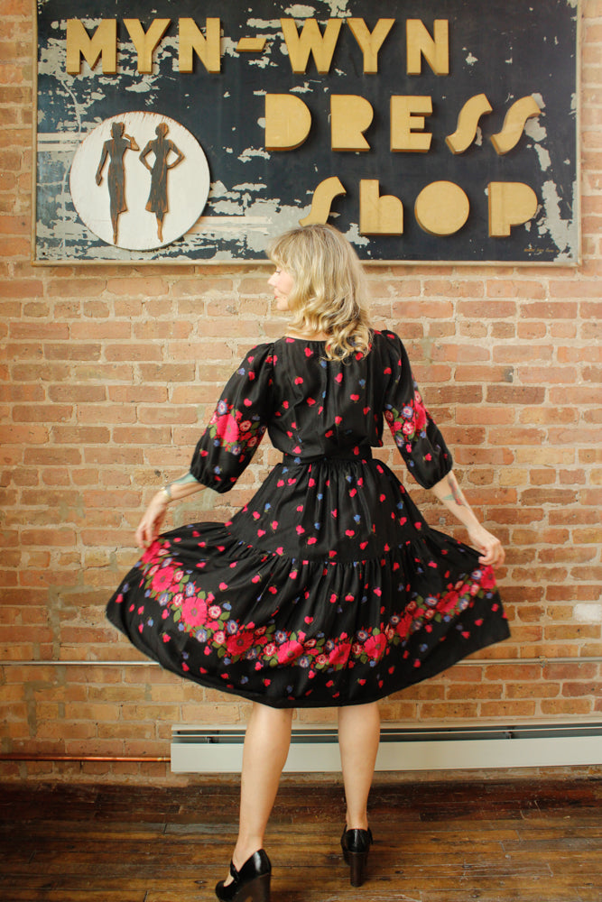 1950s Silk Floral Tiered Skirt Dress - Small