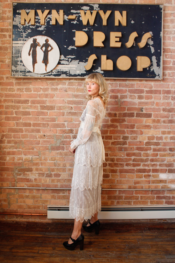 Edwardian Lace Tulle Tiered Sheer Wedding Dress - Small