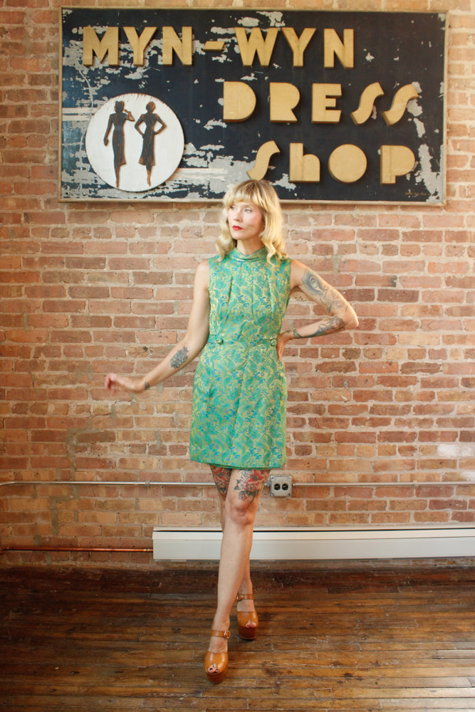 1960s Silk Brocade Mini Dress - Small