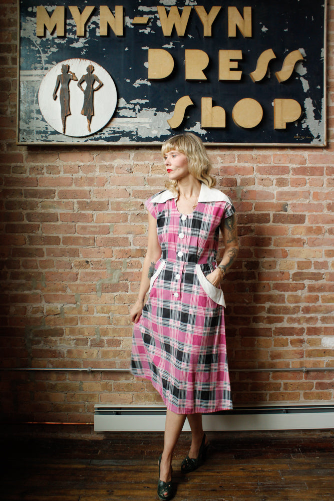 1950s April Plaid Cotton Dress - Med