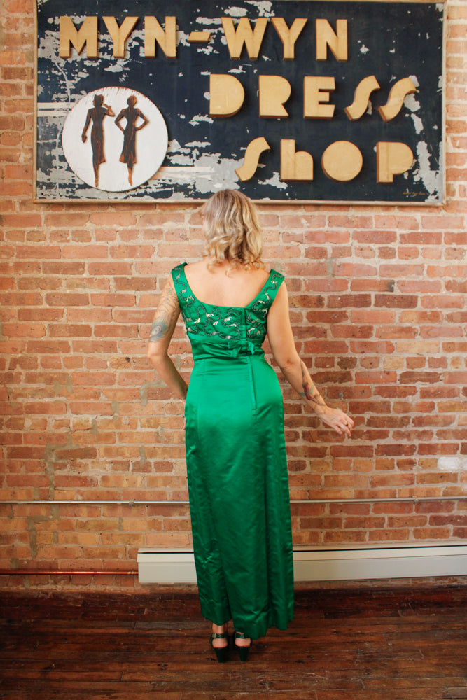 1960s Designer Ida Mae Emerald Silk Jeweled Gown - Small