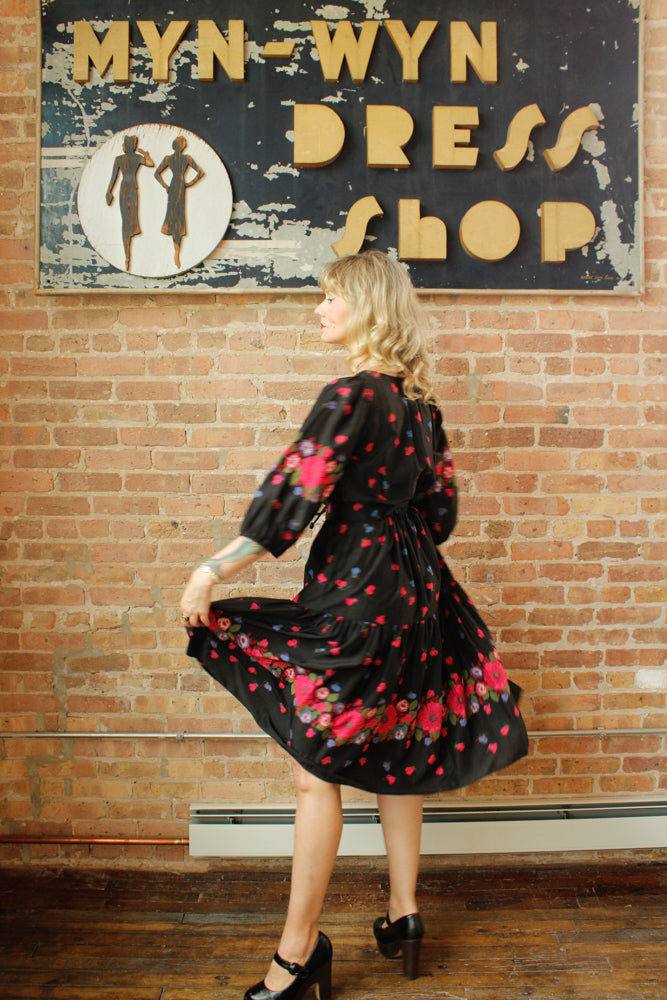 1950s Silk Floral Tiered Skirt Dress - Small