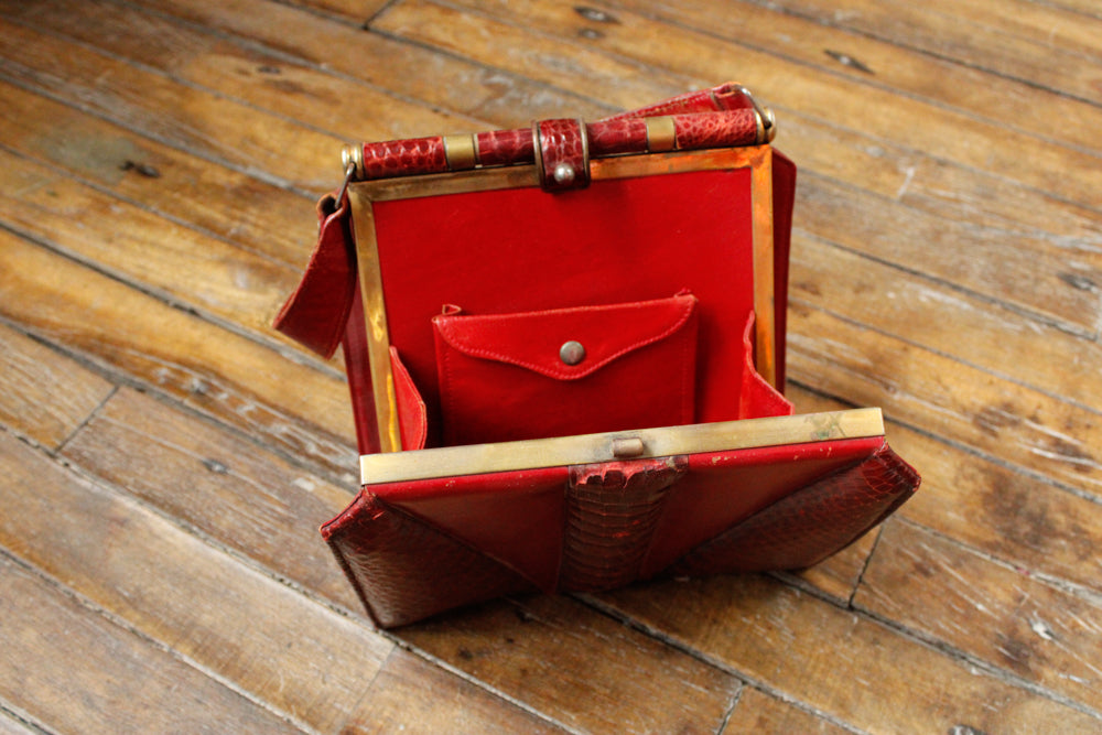 1940s Alligator & Leather Red Handbag