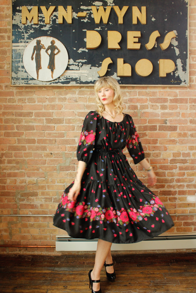 1950s Silk Floral Tiered Skirt Dress - Small