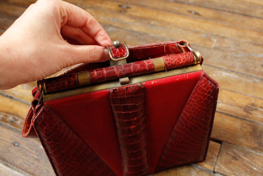 1940s Alligator & Leather Red Handbag