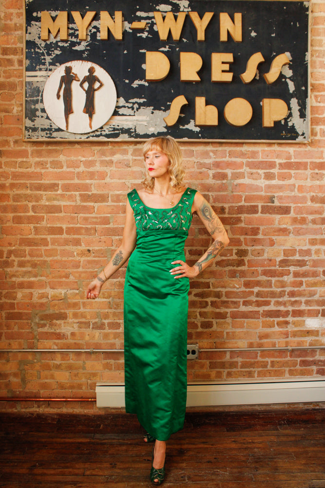 1960s Designer Ida Mae Emerald Silk Jeweled Gown - Small