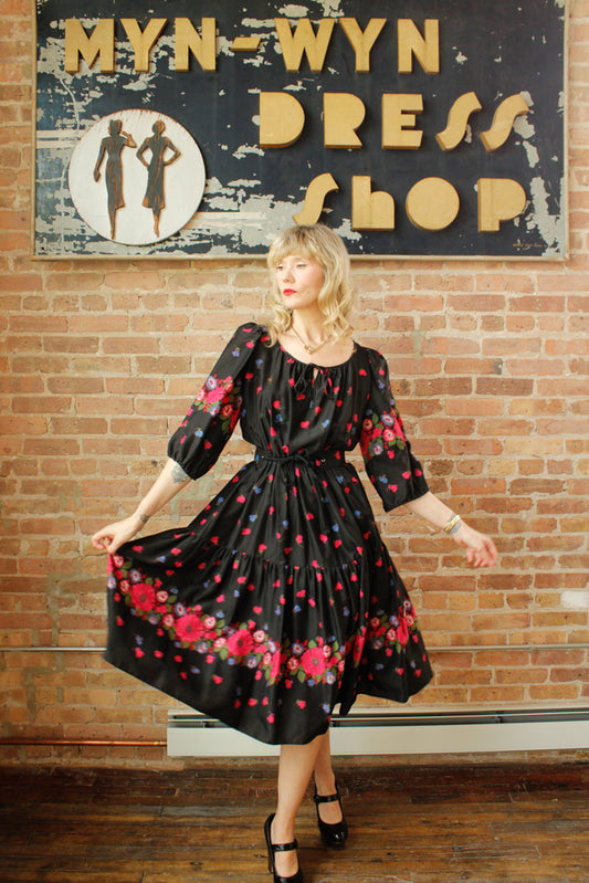 1950s Silk Floral Tiered Skirt Dress - Small