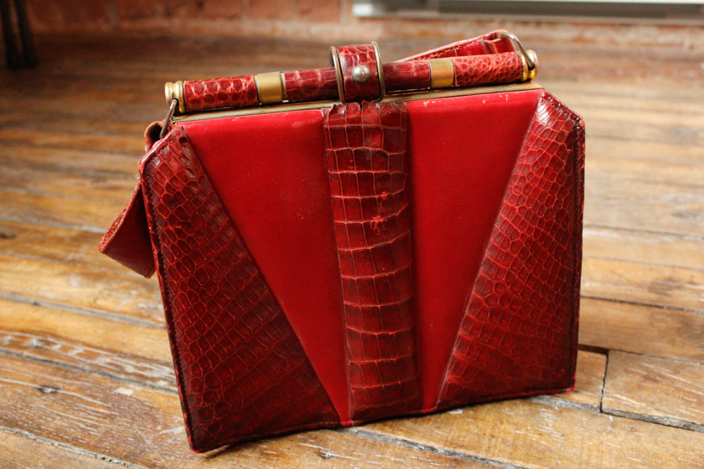 1940s Alligator & Leather Red Handbag